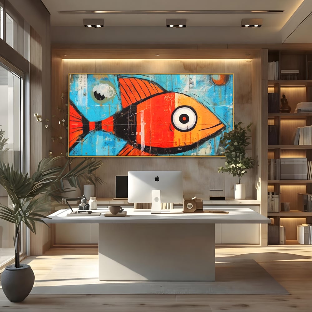 Tablou canvas cu tablou canvas cu peste stilizat in stil pop art, in rama de aluminiu auriu, pe perete intr-un birou