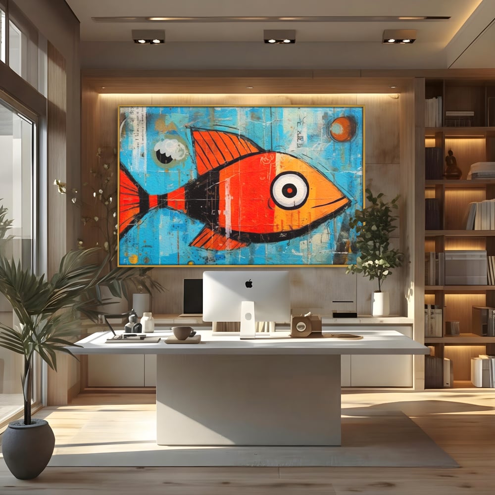Tablou canvas cu tablou canvas cu peste stilizat in stil pop art, in rama de aluminiu auriu, pe perete intr-un birou