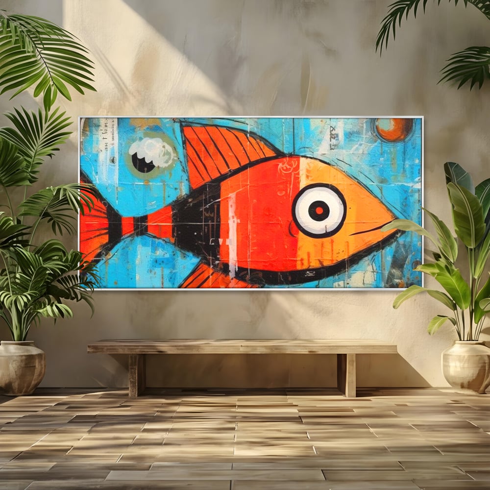 Tablou canvas cu tablou canvas cu peste stilizat in stil pop art, in rama de aluminiu argintiu