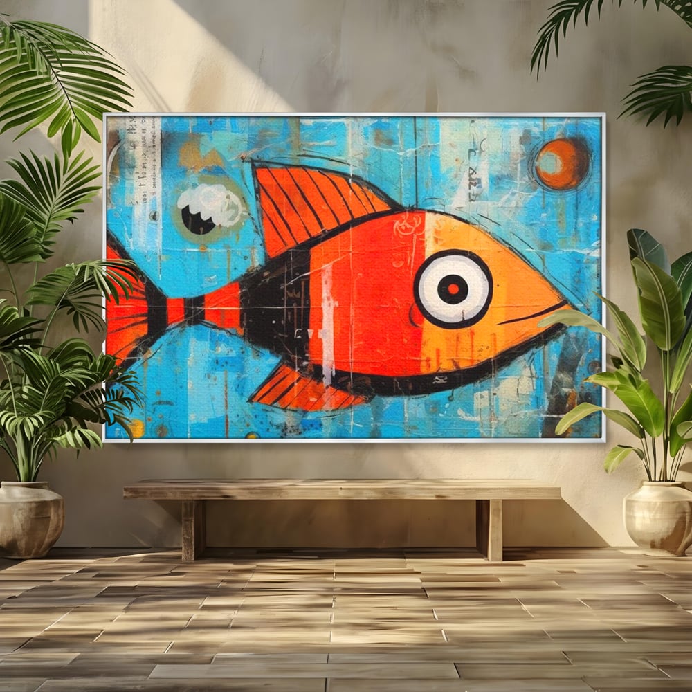 Tablou canvas cu tablou canvas cu peste stilizat in stil pop art, in rama de aluminiu argintiu