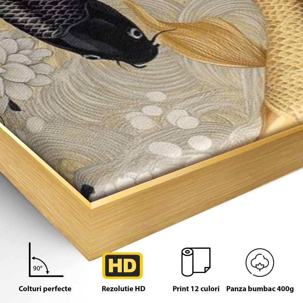 Detaliu al suprafetei: tablou canvas cu doi pesti koi, in rama de aluminiu auriu