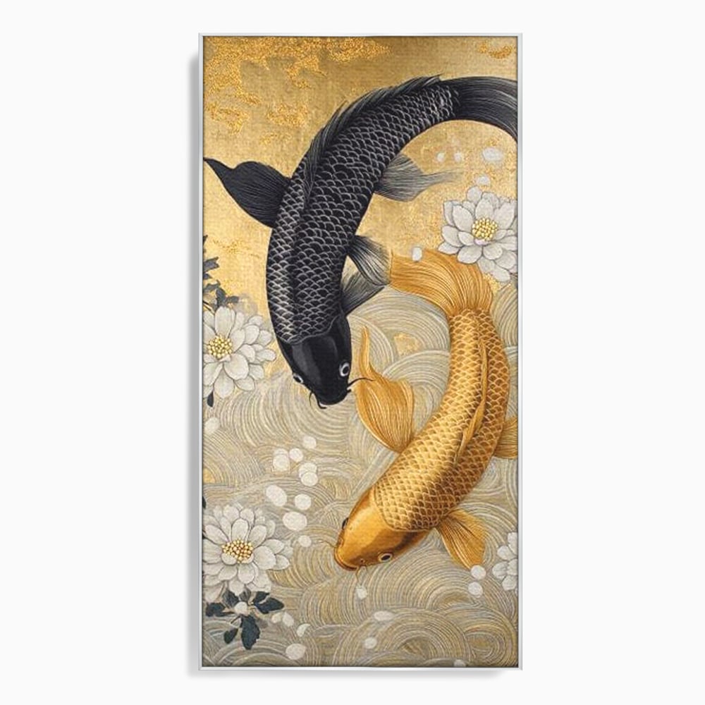 Tablou canvas cu tablou canvas cu doi pesti koi, in rama de aluminiu argintiu