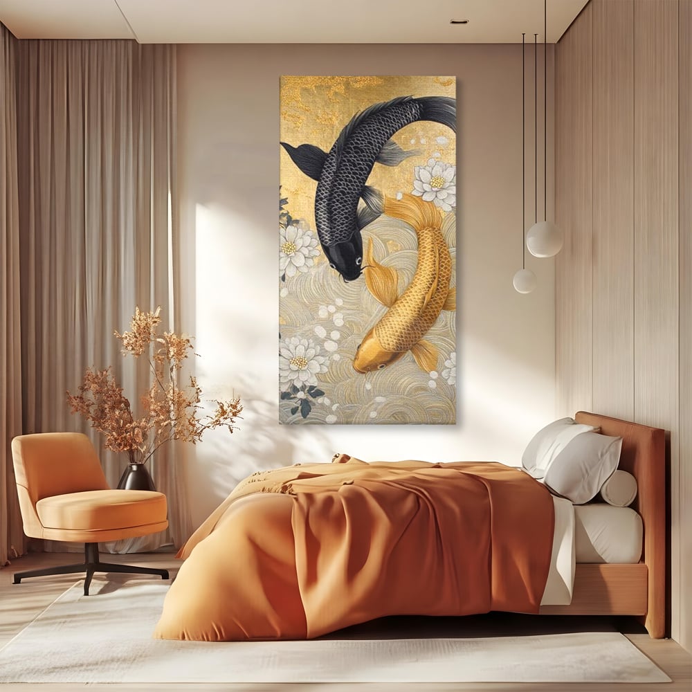 Tablou canvas cu tablou canvas cu doi pesti koi, fara rama, pe sasiu de lemn, pe perete intr-un dormitor