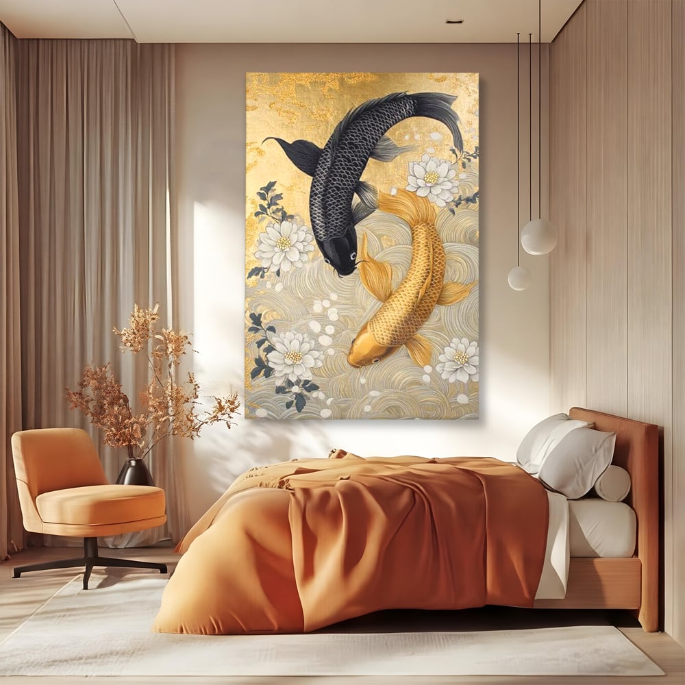 Tablou canvas cu tablou canvas cu doi pesti koi, fara rama, pe sasiu de lemn, pe perete intr-un dormitor
