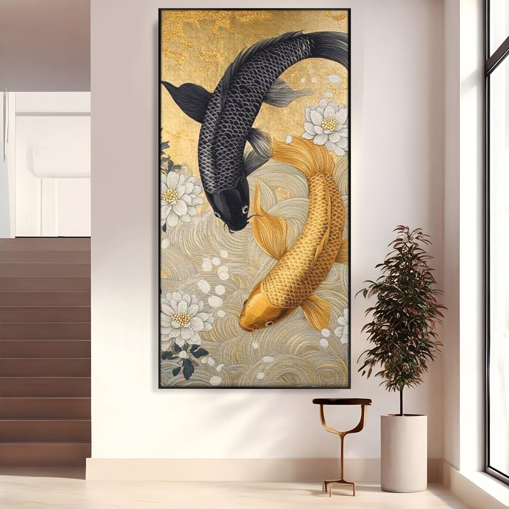 Tablou canvas cu tablou canvas cu doi pesti koi, in rama de aluminiu negru