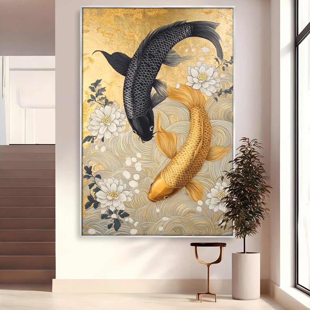 Tablou canvas cu tablou canvas cu doi pesti koi, in rama de aluminiu argintiu