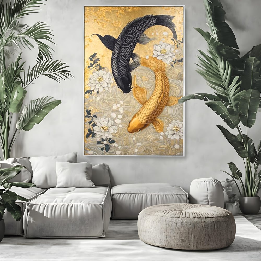 Tablou canvas cu tablou canvas cu doi pesti koi, in rama de aluminiu argintiu, pe perete intr-un living