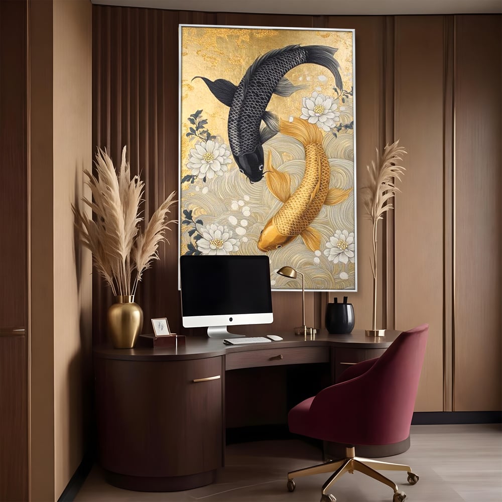 Tablou canvas cu tablou canvas cu doi pesti koi, in rama de aluminiu argintiu, pe perete intr-un birou