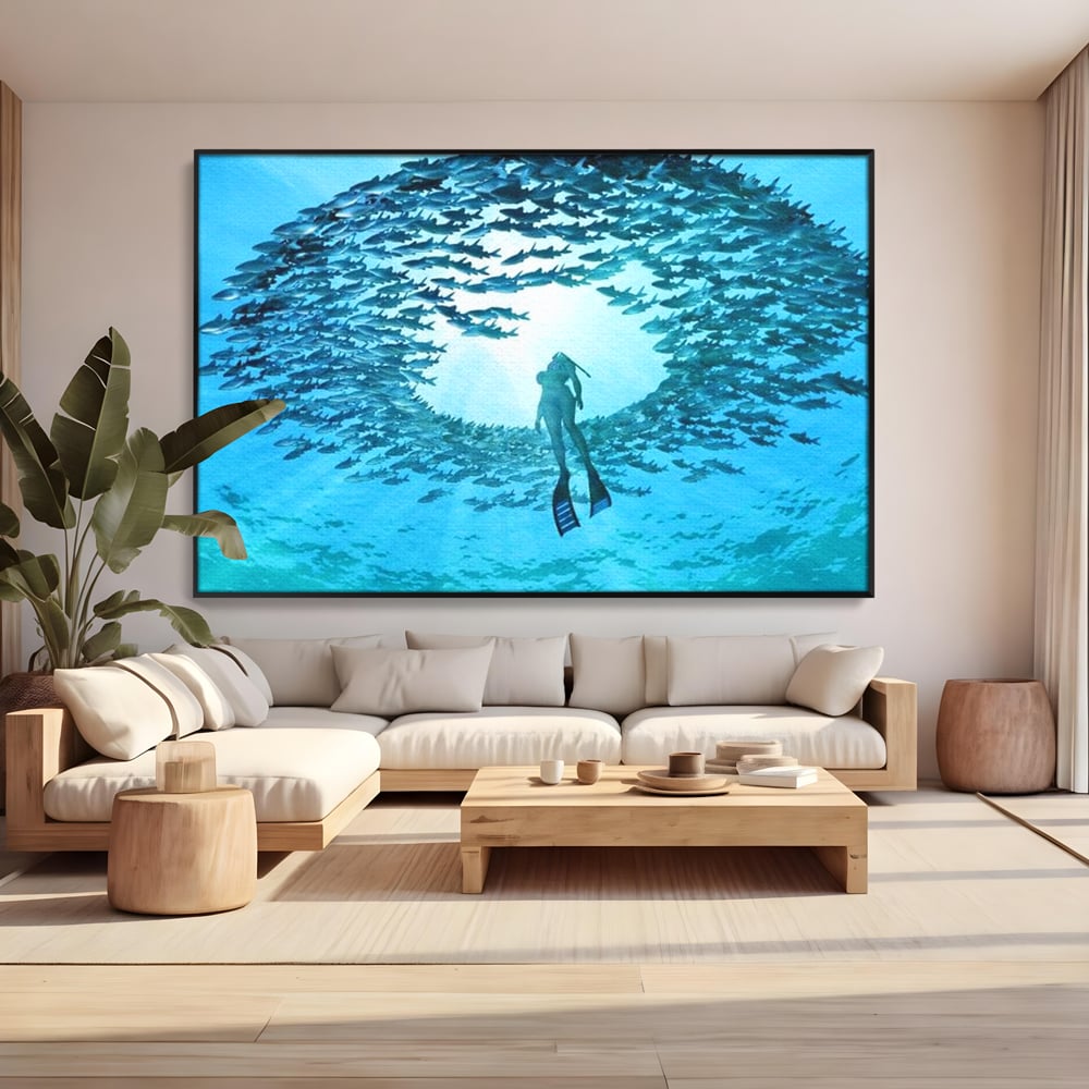 Tablou canvas cu tablou canvas cu scafandru si vartej de pesti, in rama de aluminiu negru, pe perete intr-un living