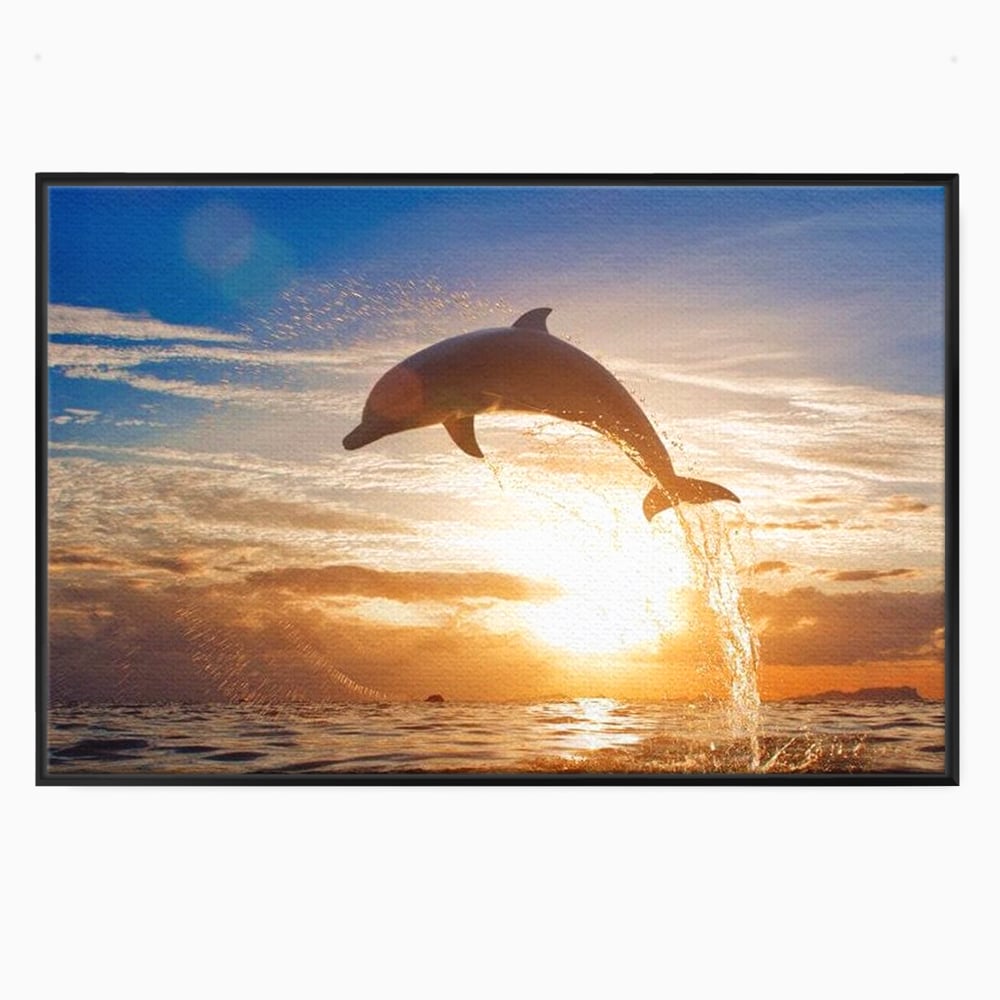 Tablou canvas cu delfin care sare la apus, in rama de aluminiu negru