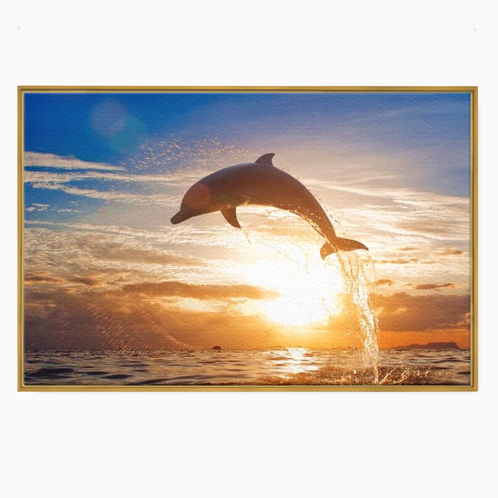 Tablou canvas cu delfin care sare la apus, in rama de aluminiu auriu