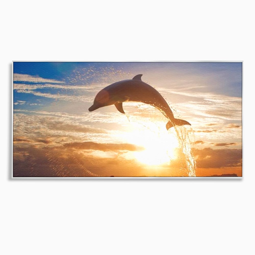 Tablou canvas cu delfin care sare la apus, in rama de aluminiu argintiu