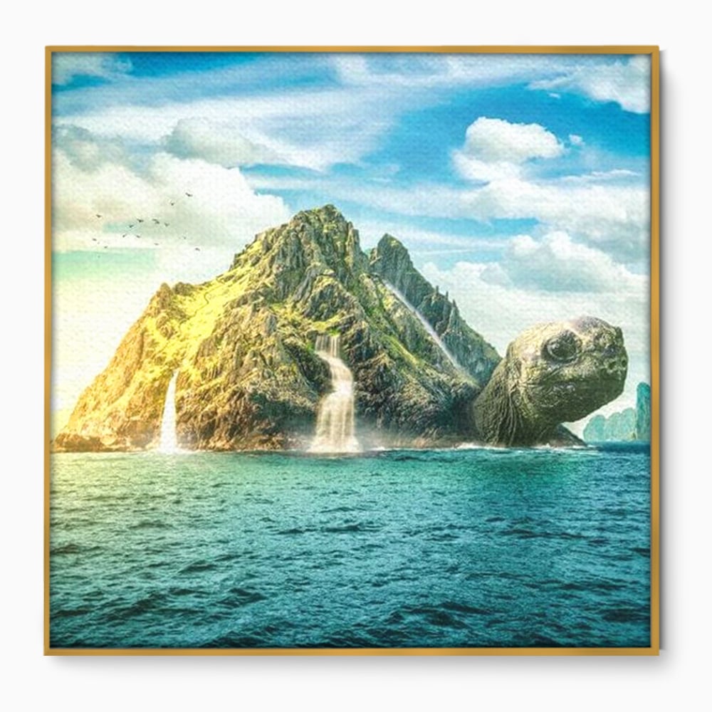 Tablou canvas cu ilustratie digitala cu o insula testoasa, in rama de aluminiu auriu
