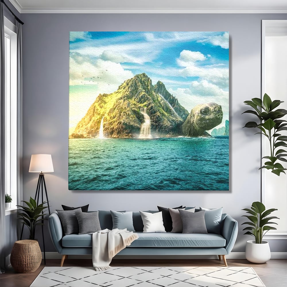 Tablou canvas cu ilustratie digitala cu o insula testoasa, fara rama, pe sasiu de lemn, pe perete intr-un living