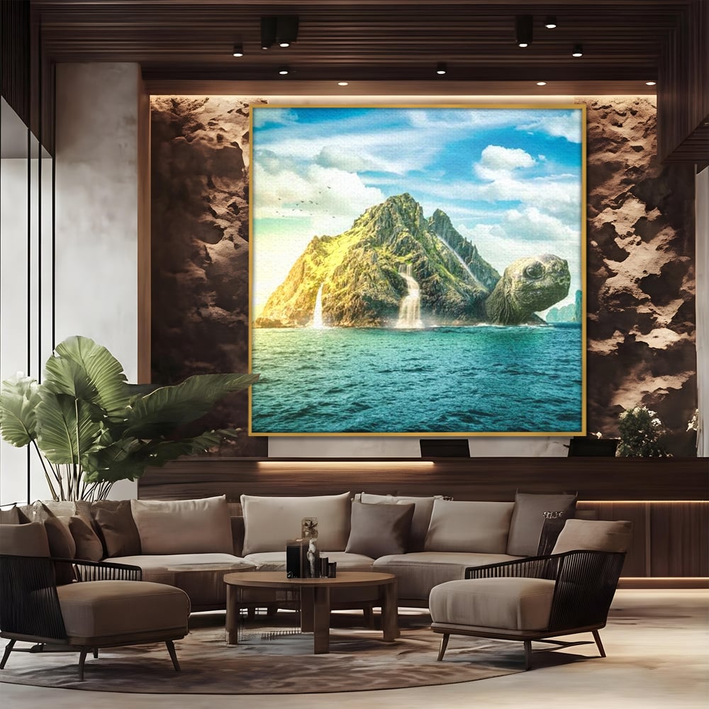 Tablou canvas cu ilustratie digitala cu o insula testoasa, in rama de aluminiu auriu, pe perete intr-un birou