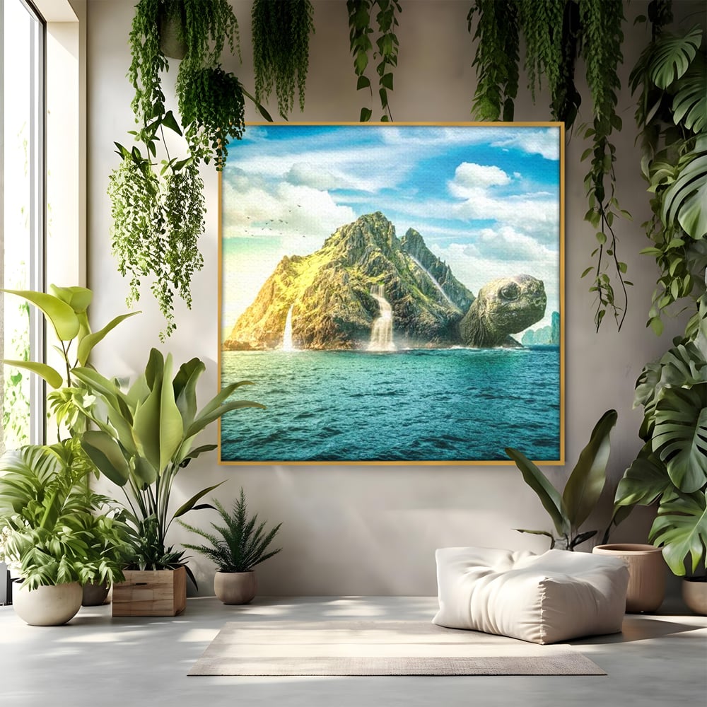 Tablou canvas cu ilustratie digitala cu o insula testoasa, in rama de aluminiu auriu