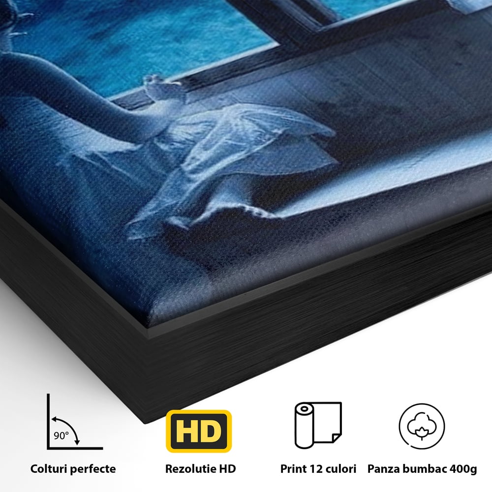 Detaliu al suprafetei: tablou canvas cu fata privind in acvariu, in rama de aluminiu negru