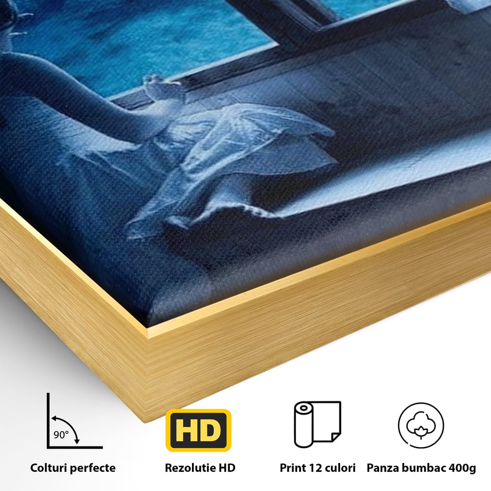 Detaliu al suprafetei: tablou canvas cu fata privind in acvariu, in rama de aluminiu auriu