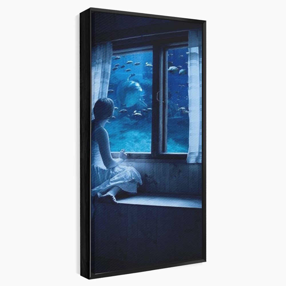 Tablou canvas cu tablou canvas cu fata privind in acvariu, in rama de aluminiu negru