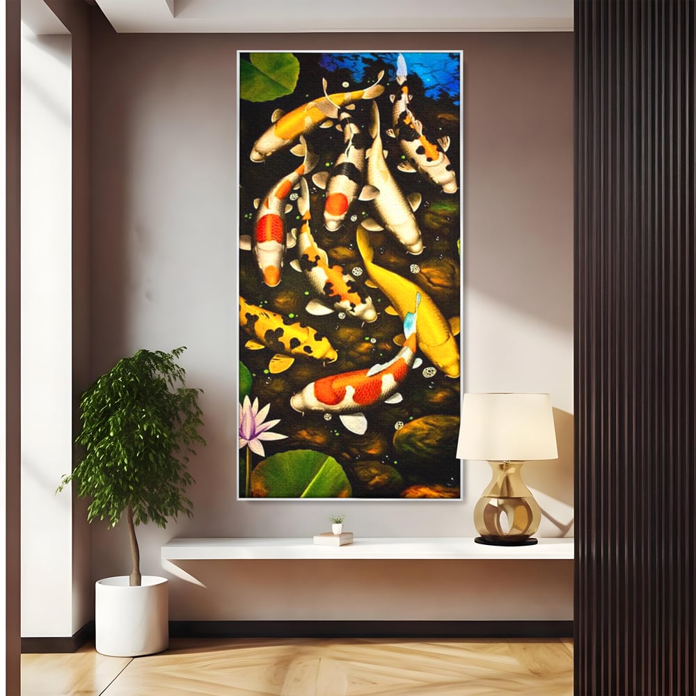 Tablou canvas cu tablou canvas cu pesti koi in iaz, in rama de aluminiu argintiu