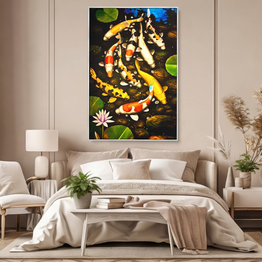 Tablou canvas cu tablou canvas cu pesti koi in iaz, in rama de aluminiu argintiu, pe perete intr-un dormitor