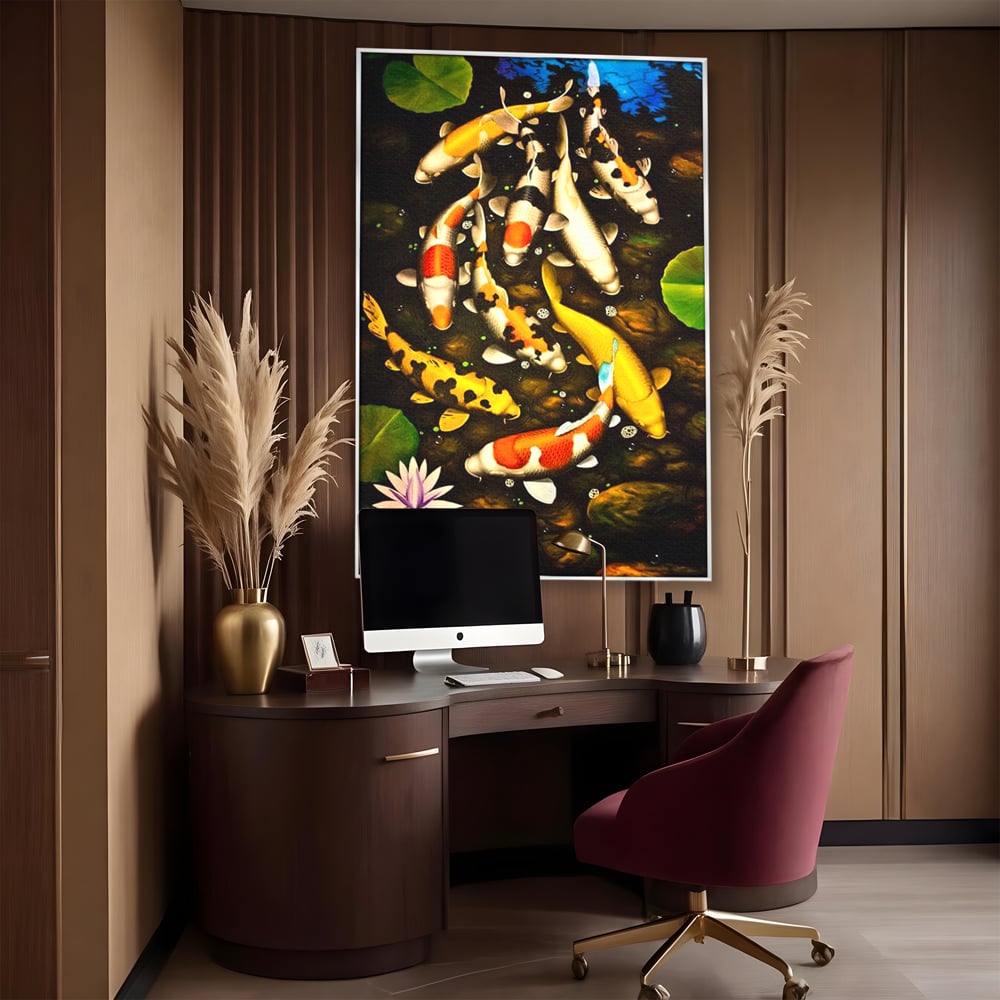 Tablou canvas cu tablou canvas cu pesti koi in iaz, in rama de aluminiu argintiu, pe perete intr-un birou