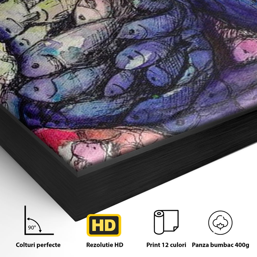 Detaliu al suprafetei: tablou canvas cu peste mare din pesti mici, in rama de aluminiu negru