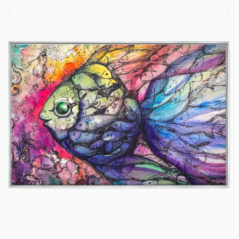 Tablou canvas cu tablou canvas cu peste mare din pesti mici, in rama de aluminiu argintiu