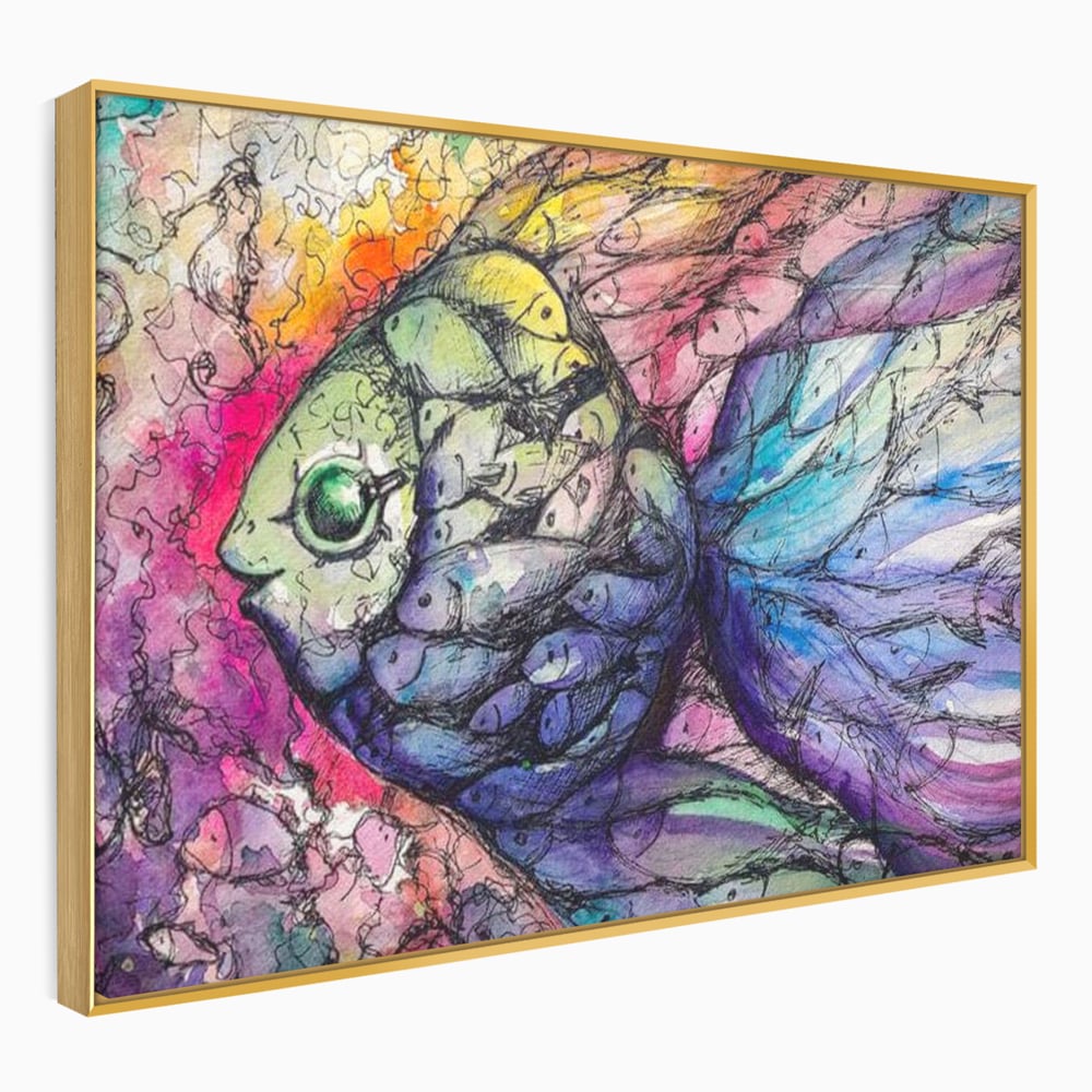 Tablou canvas cu tablou canvas cu peste mare din pesti mici, in rama de aluminiu auriu