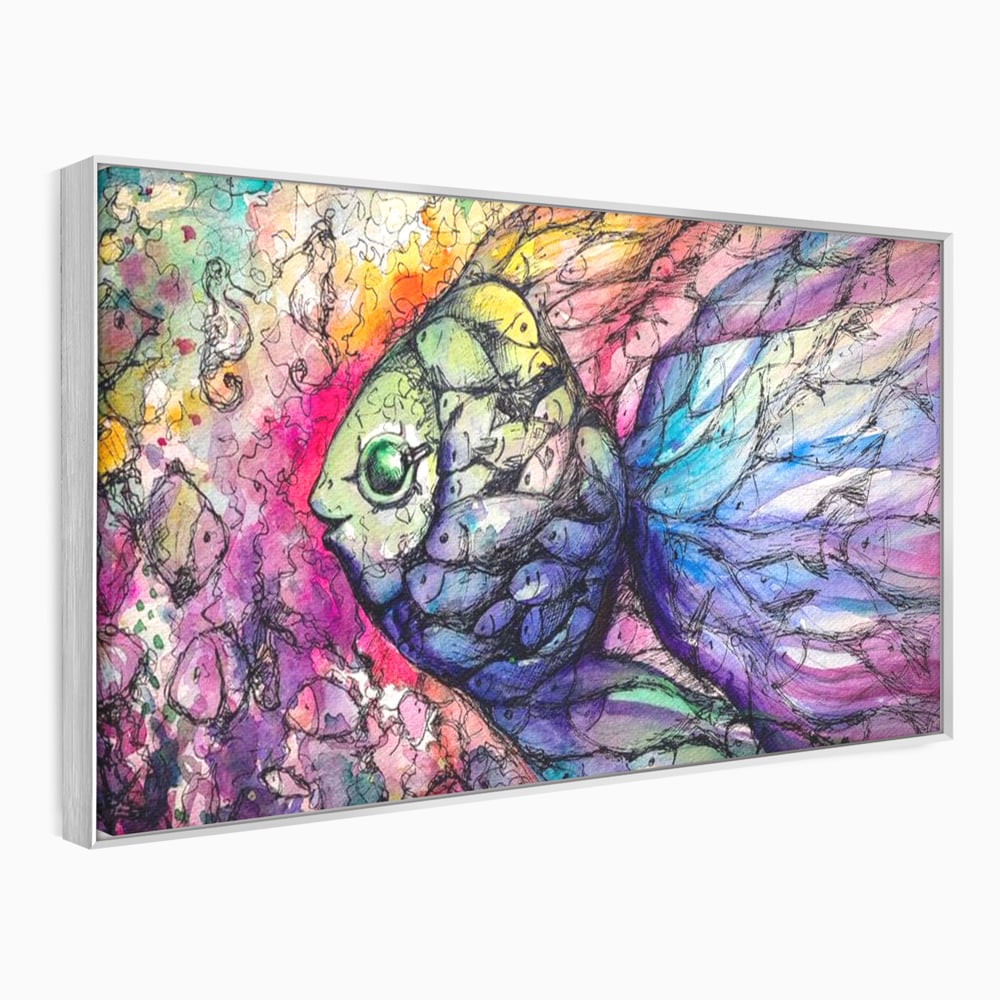 Tablou canvas cu tablou canvas cu peste mare din pesti mici, in rama de aluminiu argintiu
