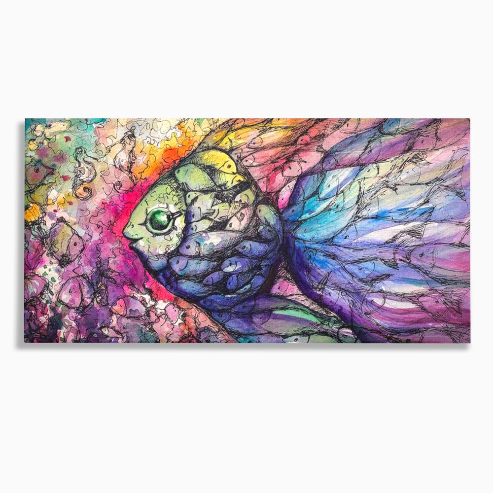 Tablou canvas cu tablou canvas cu peste mare din pesti mici, fara rama, pe sasiu de lemn