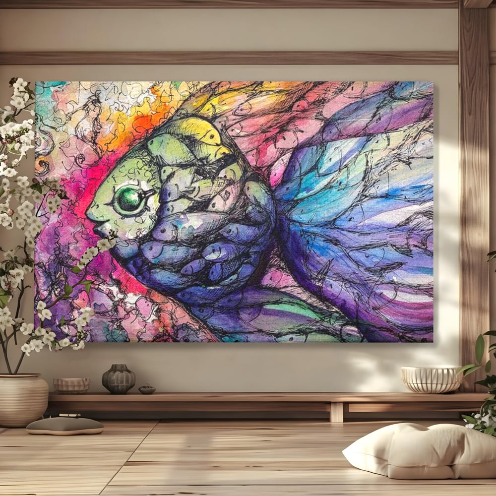 Tablou canvas cu tablou canvas cu peste mare din pesti mici, fara rama, pe sasiu de lemn