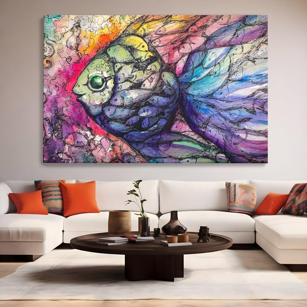 Tablou canvas cu tablou canvas cu peste mare din pesti mici, fara rama, pe sasiu de lemn, pe perete intr-un living