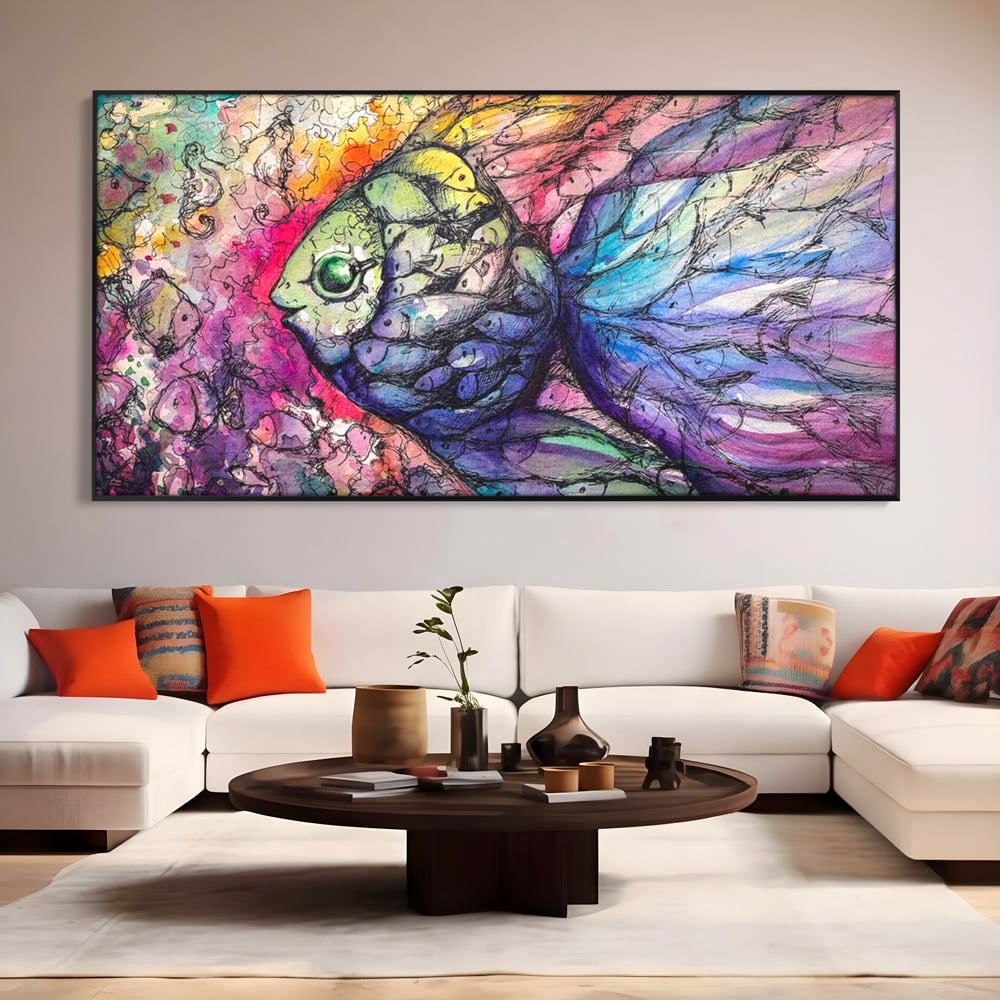 Tablou canvas cu tablou canvas cu peste mare din pesti mici, in rama de aluminiu negru, pe perete intr-un living
