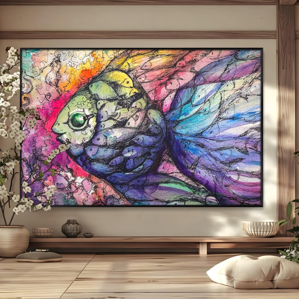 Tablou canvas cu tablou canvas cu peste mare din pesti mici, in rama de aluminiu negru
