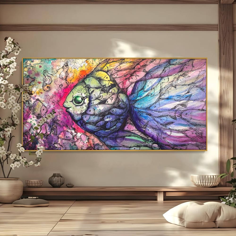Tablou canvas cu tablou canvas cu peste mare din pesti mici, in rama de aluminiu auriu