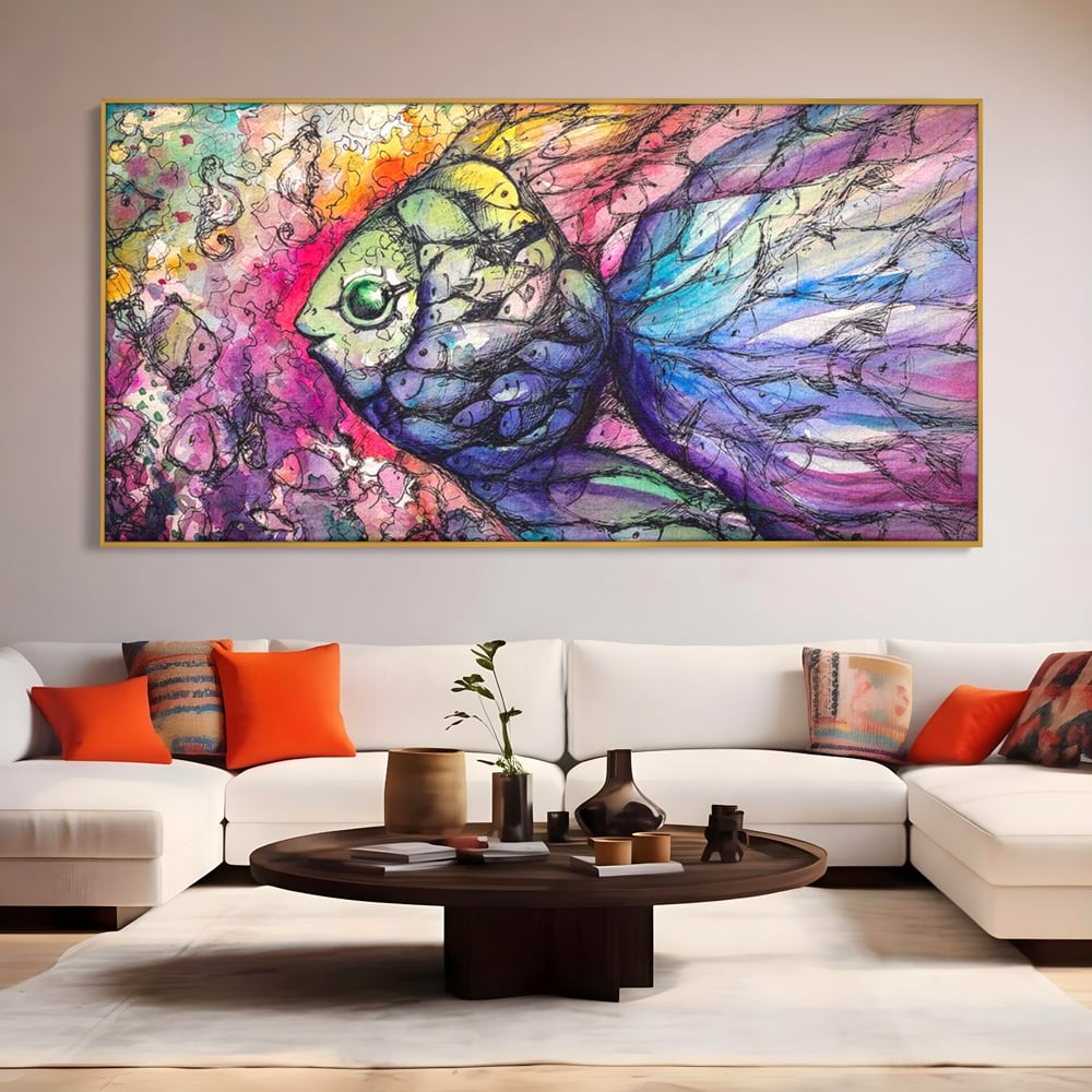 Tablou canvas cu tablou canvas cu peste mare din pesti mici, in rama de aluminiu auriu, pe perete intr-un living