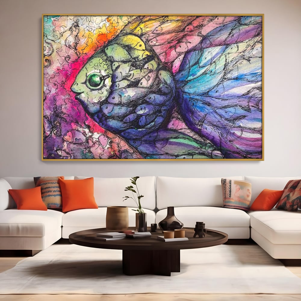 Tablou canvas cu tablou canvas cu peste mare din pesti mici, in rama de aluminiu auriu, pe perete intr-un living