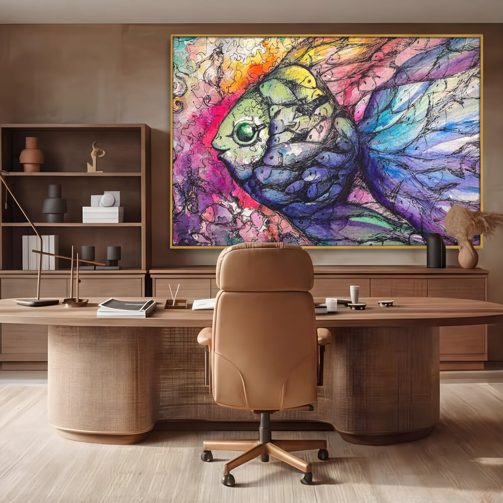 Tablou canvas cu tablou canvas cu peste mare din pesti mici, in rama de aluminiu auriu, pe perete intr-un birou