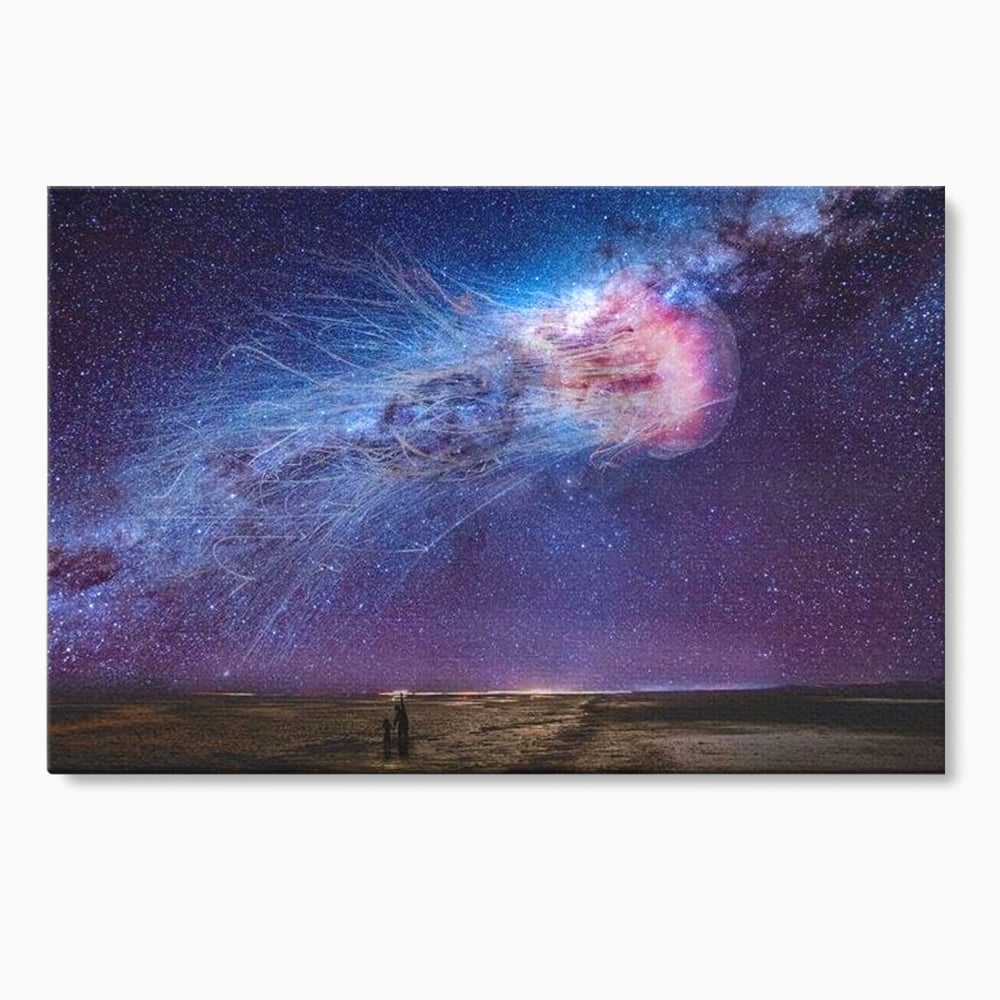 Tablou canvas cu ilustratie digitala cu meduza cosmica si stele, fara rama, pe sasiu de lemn