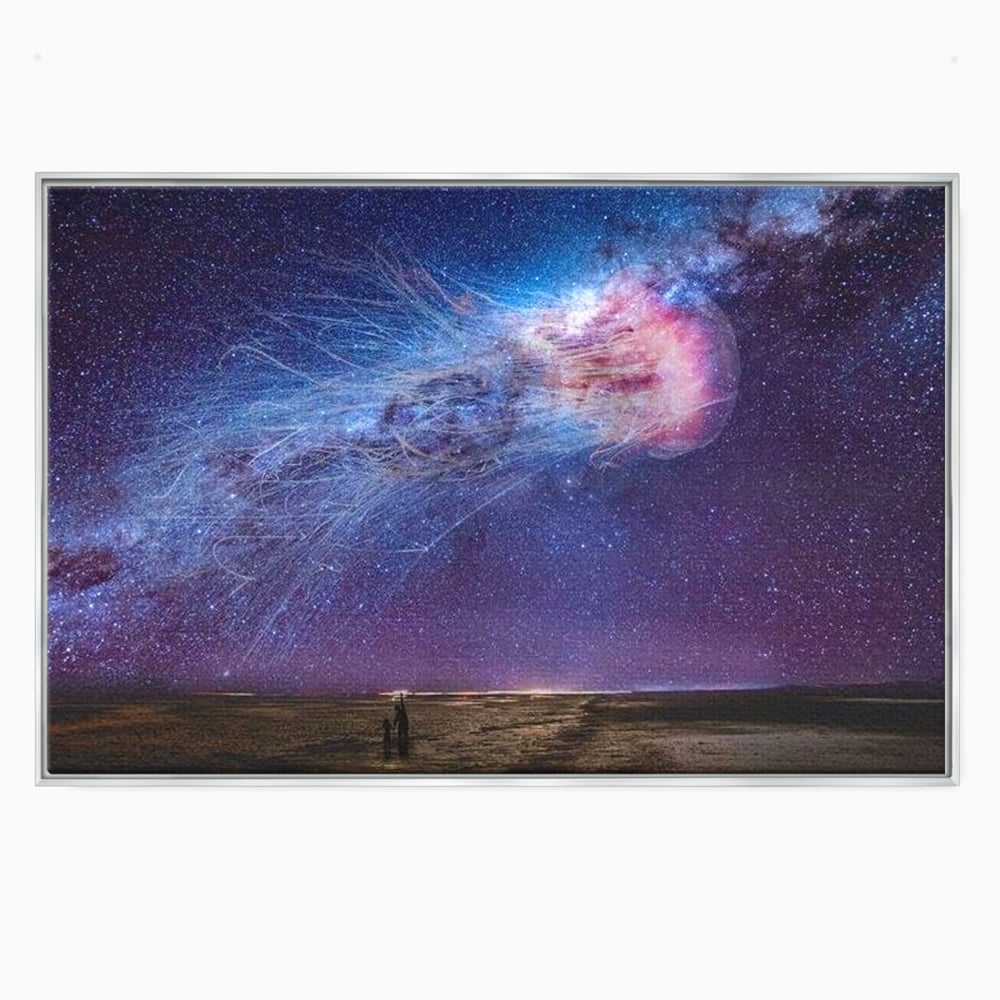 Tablou canvas cu ilustratie digitala cu meduza cosmica si stele, in rama de aluminiu argintiu