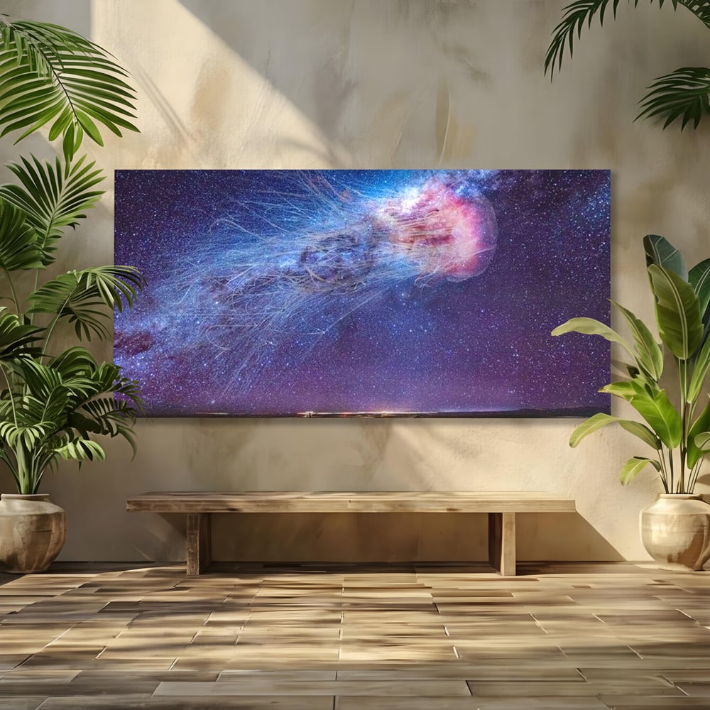Tablou canvas cu ilustratie digitala cu meduza cosmica si stele, fara rama, pe sasiu de lemn