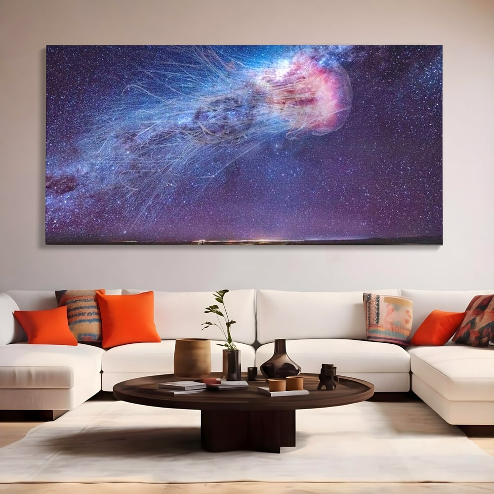 Tablou canvas cu ilustratie digitala cu meduza cosmica si stele, fara rama, pe sasiu de lemn, pe perete intr-un living
