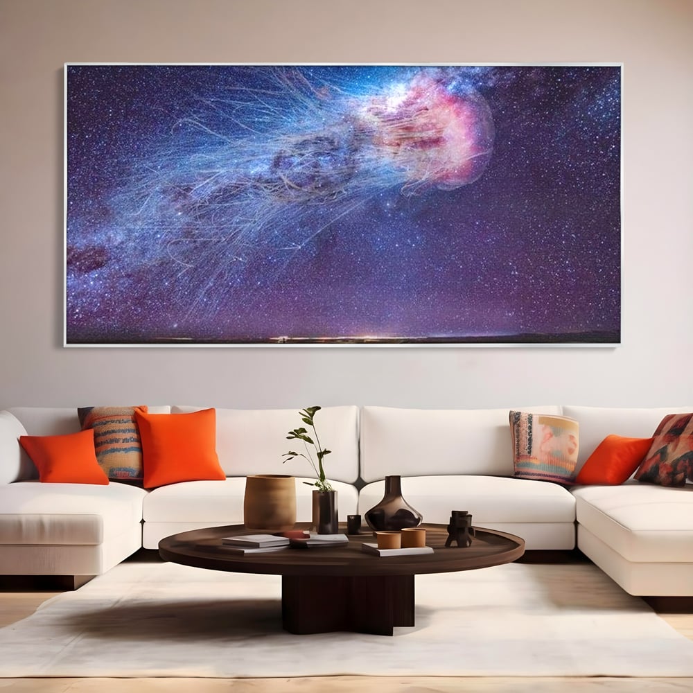 Tablou canvas cu ilustratie digitala cu meduza cosmica si stele, in rama de aluminiu argintiu, pe perete intr-un living