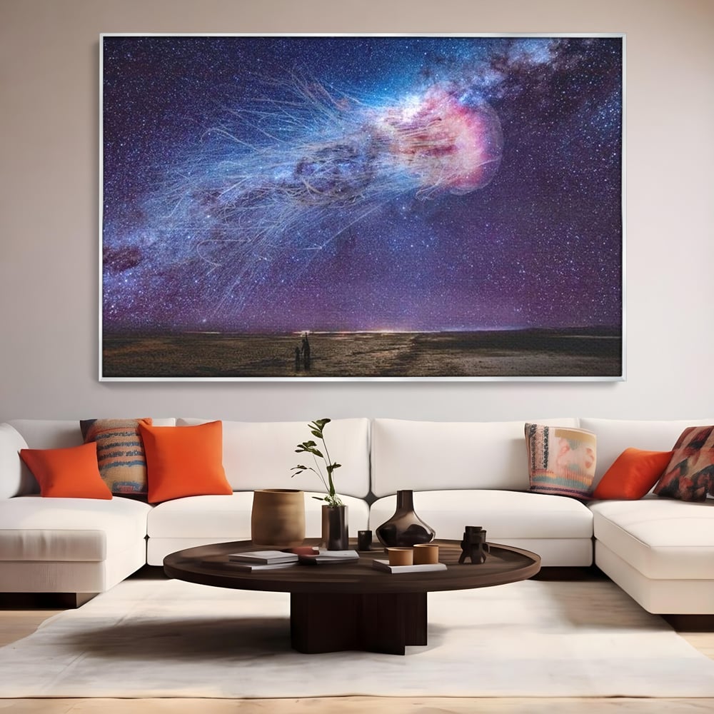 Tablou canvas cu ilustratie digitala cu meduza cosmica si stele, in rama de aluminiu argintiu, pe perete intr-un living