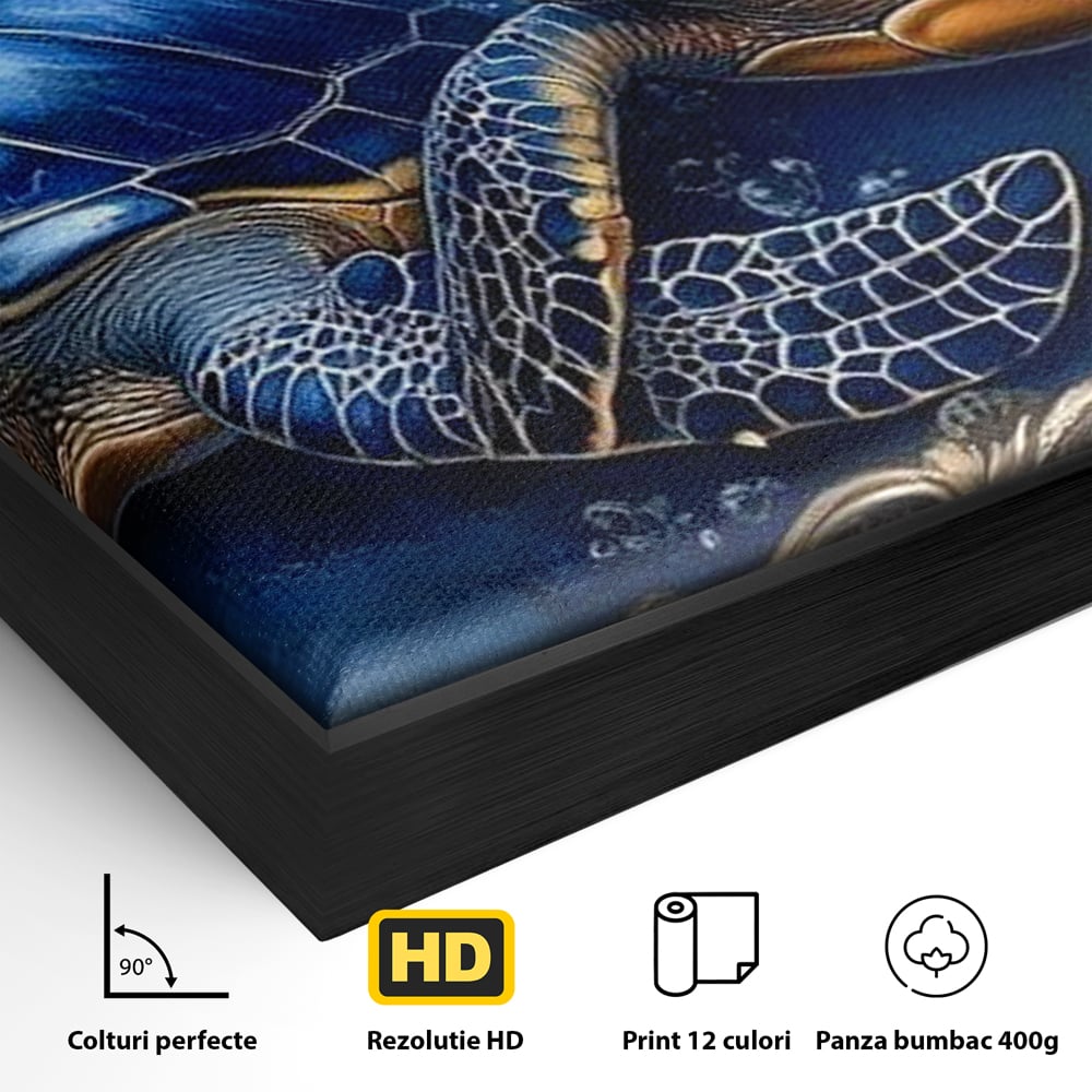 Detaliu al suprafetei: tablou canvas cu doua testoase marine, in rama de aluminiu negru
