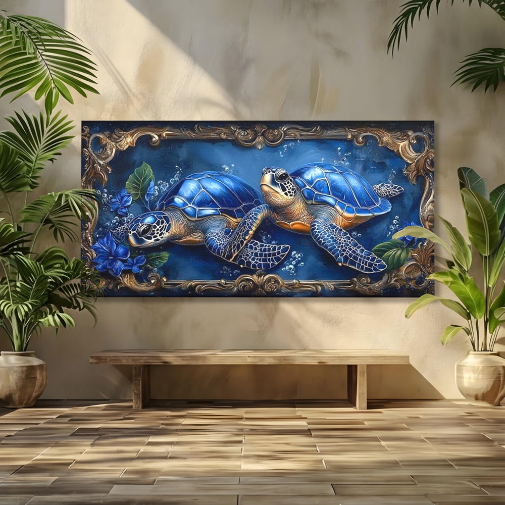 Tablou canvas cu tablou canvas cu doua testoase marine, fara rama, pe sasiu de lemn