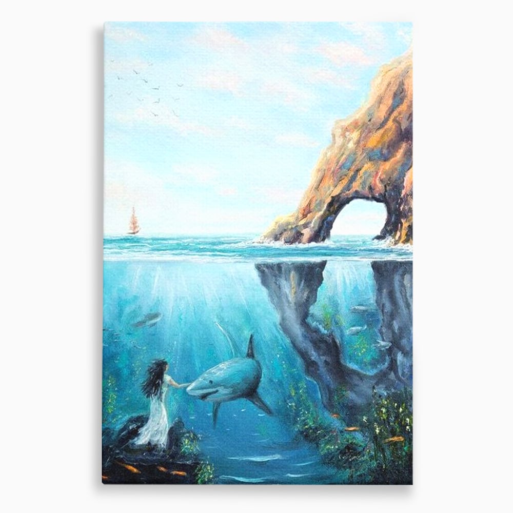 Tablou canvas cu pictura cu femeie si rechin sub apa, fara rama, pe sasiu de lemn