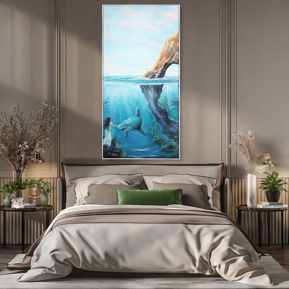 Tablou canvas cu pictura cu femeie si rechin sub apa, in rama de aluminiu argintiu, pe perete intr-un dormitor