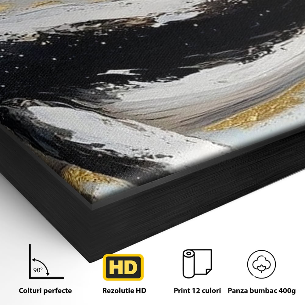Detaliu al suprafetei: tablou canvas cu balena si detalii aurii, in rama de aluminiu negru